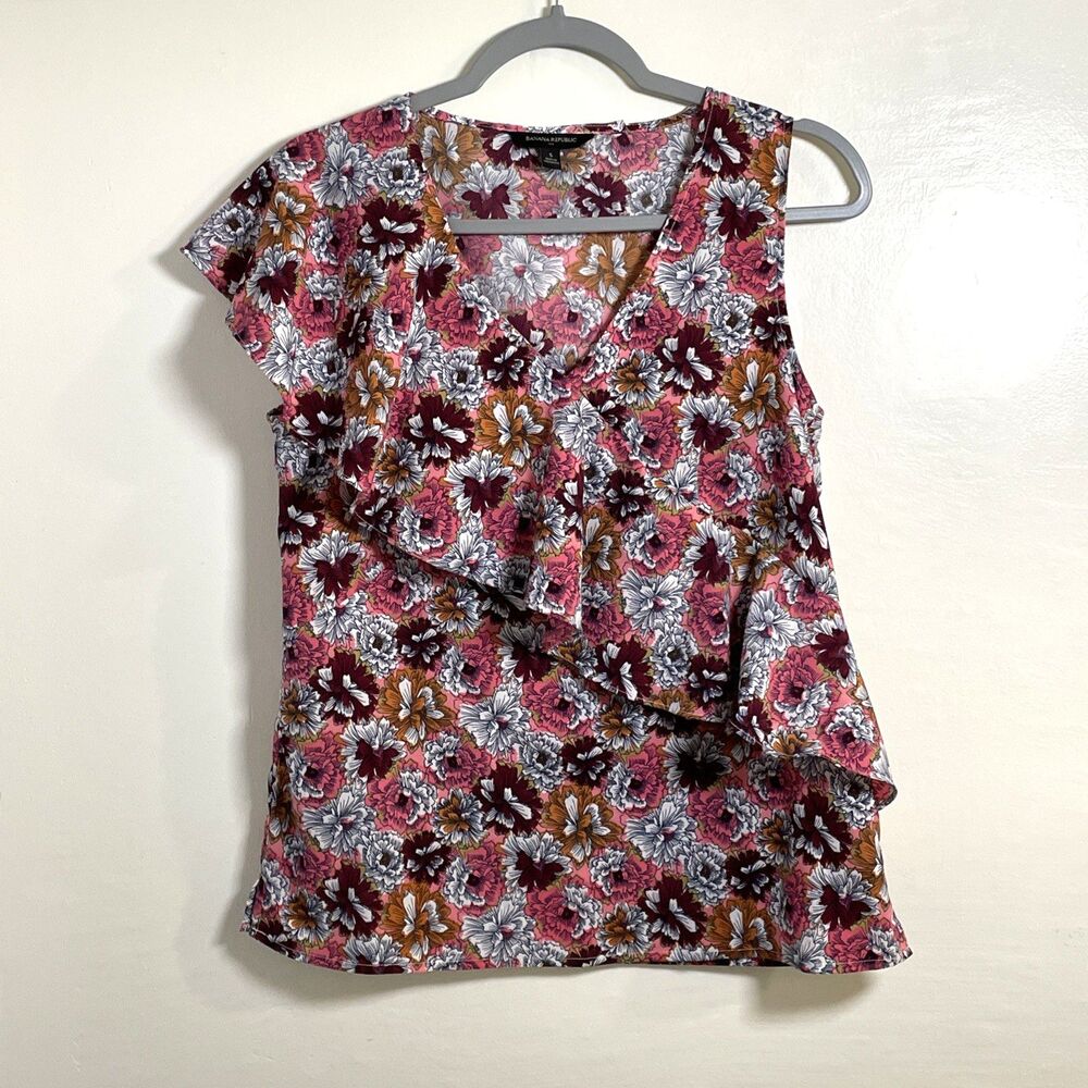 Banana Republic Women's Pink Red Floral Print Ruffle Sleeveless Top Size Small